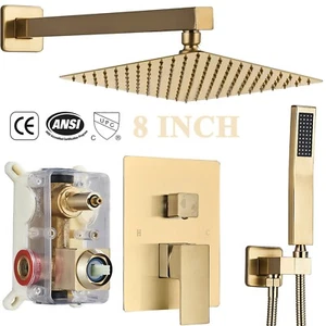 Brushed Gold Shower Faucet Set with Valve 8 inch Rain Shower Head Combo System - Picture 1 of 9
