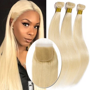 Pre Plcuked Virgin Human Hair 3Bundles OR Closure Blonde Weave Weft Clearance US - Picture 1 of 17