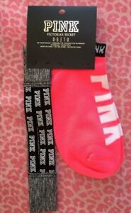 Victoria's Secret Neon PINK Gray Marl Headband & Socks Set NWT 3 Strap logo Blue