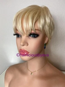 Synthetic Short Blonde Wig With Bangs Straight Heat Ok - Picture 1 of 12