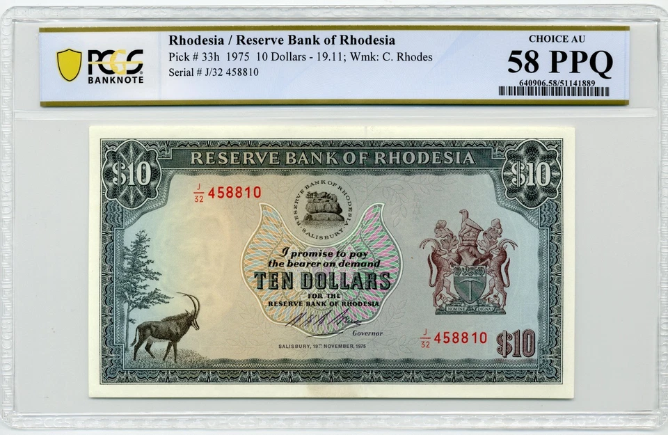 1975 10 Dollars Rhodesia, Pick# 33h - PCGS Choice AU58 PPQ - Image 1 of 2