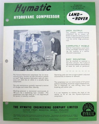 LAND ROVER Hymatic Hydrovane Compressor Car Accessory Sales Sheet 1961 - Image 1 of 2