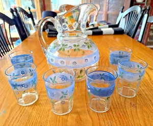 Antiker viktorianischer blau emaillierter Glas Limonade Krug & 6 Gläser Set Blumen - Bild 1 von 16