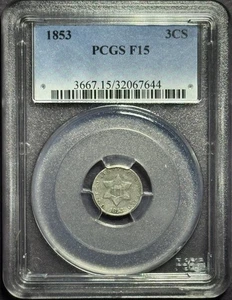 1853 Three Cent Silver Piece - PCGS F15 - Picture 1 of 4