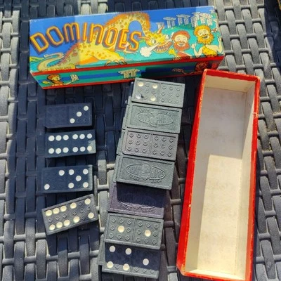 GLEVUM 28 DOMINOES SET 1950'S VINTAGE CAVE MEN & DRAGON BOX 222 Dominos  - Image 1 of 4