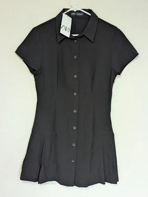 Zara Women Preppy Shirt Dress Size L Black Fit and Flare Mini Sporty Clean  Girl - Image 1 of 4