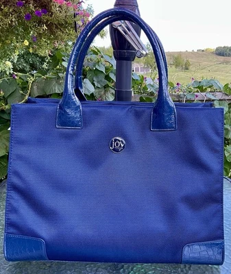 Joy Mangano Navy Blue Tote Bag Structured Shoulder Handbag Croc Embossed Trim - Image 1 of 4