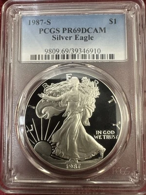 1987-S American Silver Eagle Dollar PR69DCAM PCGS Proof 69 Deep Cameo - Imagem 1 de 2