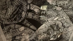 Signierter Handlinolschnitt Druck 3/5 gerahmt modern schwarz weiß Kunst Human Connection - Bild 1 von 7