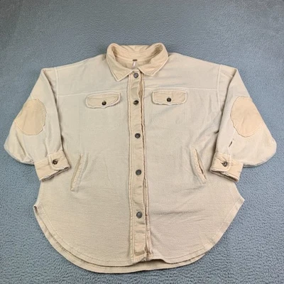 Free People Ruby Shirt Jacket Shacket Womens M Orange Beige Elbow Patches Fleece - Image 1 of 4