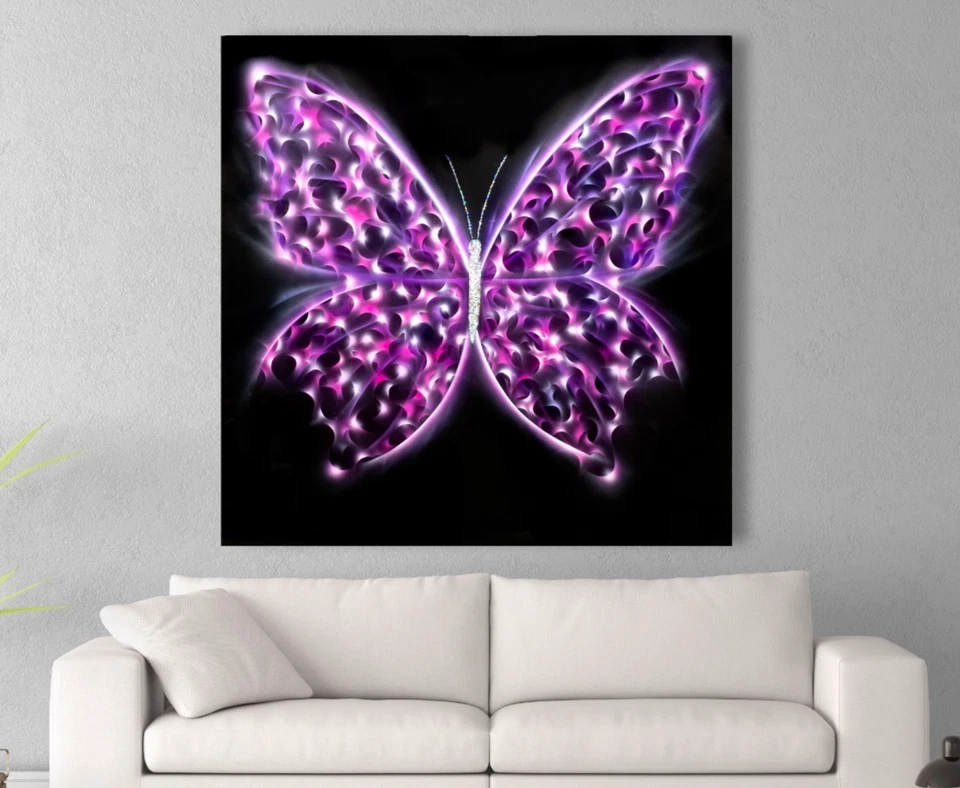 紫色蝴蝶帆布墙艺术 24x24 现代帆布 Giclée 打印即挂 — 第 1/4 张图片