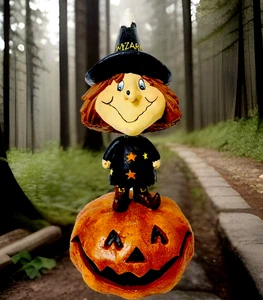 Vintage Halloween Strega Mago Bobblehead Figura su Ceramica Jack-o-lantern 11" - Foto 1 di 11