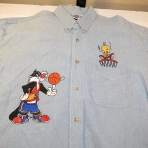 VINTAGE SYLVESTER THE CAT TWEETY BIRD ACME CLOTHING CO. DENIM JEAN SHIRT Mens L  - Picture 1 of 5