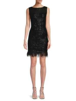 Mini Vestido Corto de Cóctel Adrianna Papell Mujer Talla 4 Negro Lentejuelas Plumas $179 Foto 1 de 4