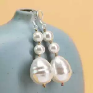 20mm South Sea Baroque White Shell Pearl Dangle Leverback Earrings Handmade - Picture 1 of 7