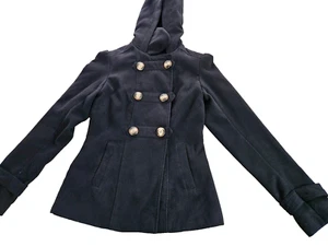 Hydraulic Hooded Black Peacoat, XS, Double-Breasted with Decorative Buttons - Picture 1 of 10