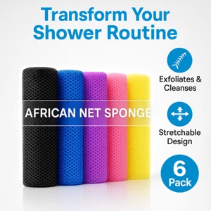 African Net Sponge 6 Pack Exfoliating Body Scrubber Long Bath Shower Washcloth - Picture 1 of 7