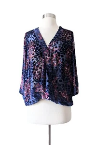 FLOREAT Top Blouse Velvet Burnout Chiffon Floral Blue Pink Cross Front SMALL - Picture 1 of 8