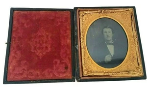 Antique Daguerreotype Tintype Photograph Gentlemen in a Bow Tie framed case - Picture 1 of 8