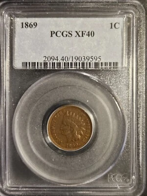 Centavo cabeza india 1869 * graduación profesional XF40 * De colección de 6.420.000 Foto 1 de 4