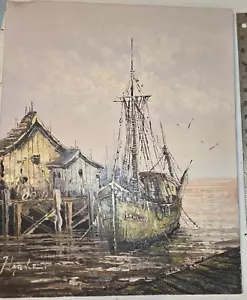 DIPINTO OLIO METÀ SECOLO DI FIRENZE WILKINS, SCENA PORTO, BARCHE GAMBERETTI INCORNICIATO - Foto 1 di 8
