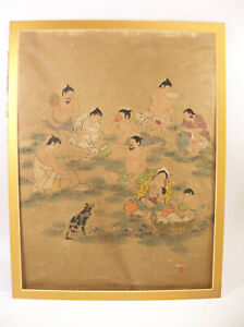 Antique Korean Korea "Bathers" Woodblock Painting on Rice Paper Signed
