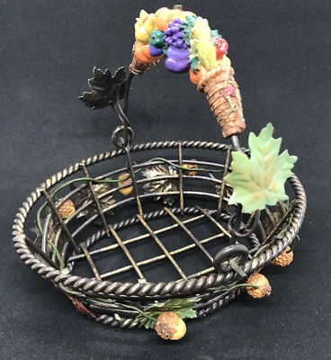 Metal Wire Basket Autumn Leaves Acorns Fruits Vegetables Decor - Image 1 of 4