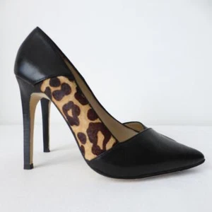KAREN MILLEN Shoes WORN ONCE Size 38 High Heels Black Leather Animal Print Pumps - Picture 1 of 9