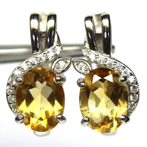 925 Sterling Silver 6 x 8 mm. Yellow Citrine & Zircon Earrings White Gold Plated - Picture 1 of 4