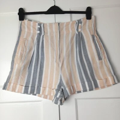 Topshop Ladies Cotton Linen Peach Grey Striped 4 Pockets Shorts Size 14 - Image 1 of 4