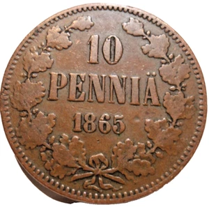 1865 Finland 10 Pennia-Scarce LOW Mintage 250k KM# 5.1 Copper Large 30 mm (B) - Picture 1 of 3