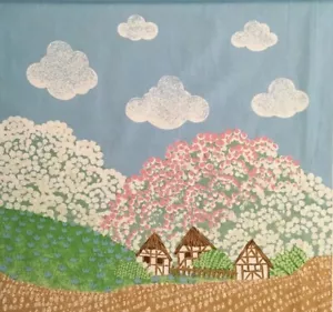 Printed Cotton Fabric Panel Countryside Peasant Huts Pastel Landscape 17" x 16" - Picture 1 of 5