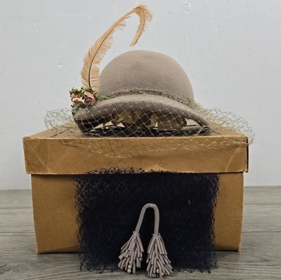 Vtg Art Deco Merrimac 100% Wool Felt Brown Full Face Net USA Made Derby Hat - 22 - Image 1 of 4