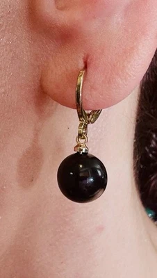 High Quality Yellow Gold Filled Black Stone Classic Beautiful Huggie Earrings - Image 1 of 4