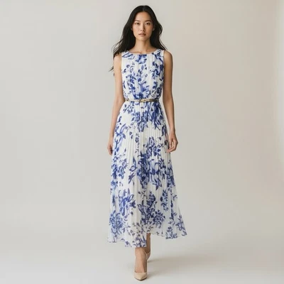 Eliza J Sleeveless Pleated Chiffon Maxi Dress Gown 8 Blue & White Floral Formal - Image 1 of 4
