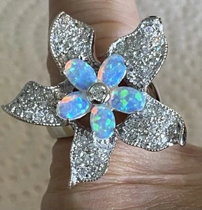 Signed, 925 Uncas Symbol, Opals, Pave Clear Gems, Sterling Vintage-Ring Size 6.5 - Picture 1 of 18