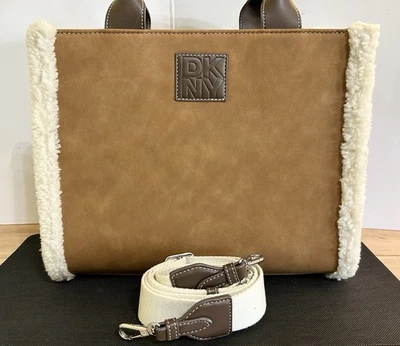 DKNY Hadlee Medium Tote  Crossbody Adjustable Strap Shearling Trim Brown - Image 1 of 4