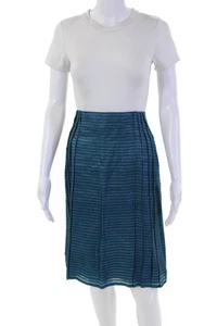 Akris Punto Womens Silk Striped Pleated Straight Midi Skirt Blue Size 12 - Picture 1 of 5