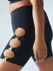 NWT Savage X Fenty Women's Biker Shorts High Rise Gold X Cut Out Medium Black - Picture 1 of 11