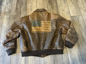 Giacca Bomber Adventure Bound Vintage Pelle Bandiera Americana Commercio Mondiale Uomo L - Foto 1 di 10