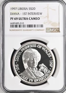 1997 LIBERIA SILVER 20 DOLLARS DIANA - FIRST INTERVIEW - NGC PF 69 ULTRA CAMEO - Picture 1 of 2