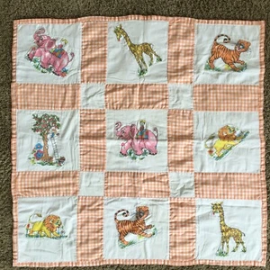 Jungle Animal Kids Baby Quilt Apple Orchard Zoo Orange Check Blanket 37" - Picture 1 of 12