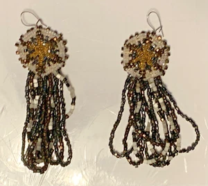 Vintage Old Style Rosette Beaded Earrings-Brown Cut Beads & Satin Glass - Picture 1 of 7