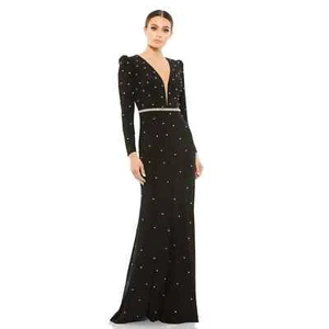 Mac Duggal Belted Jewel Encrusted Plunge Neck Long Sleeve Blacl Gown Size 4 - Picture 1 of 8