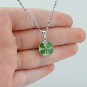 Real Mini Four Leaf Clover Charm Necklace - Stainless Steel Luck Irish - White - Picture 1 of 5