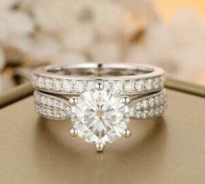 3.40Ct Prong Round Cut Lab Created Diamond Engagement Ring Set 14k White Gold 
