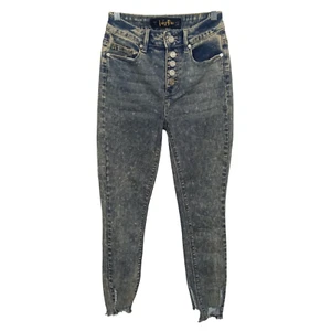 Indigo Rein Womens Jeans Size 1 Juniors Skinny Distressed Hem Button Fly Blue - Picture 1 of 6