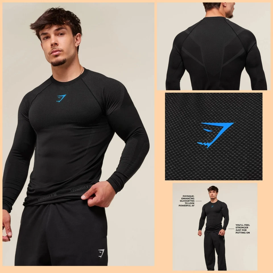 Gymshark Ony.0 Seamless Long Sleeve-Black/Onyx Grey MEDIUM IN HAND