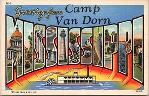 Tarjeta postal grande Camp Van Dorn Mississippi años 40 Centreville CURTEICH lino - Imagen 1 de 2
