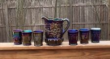 Northwood Carnival Glass Amethyst Grape and Cable Pitcher & 6 Tumblers 